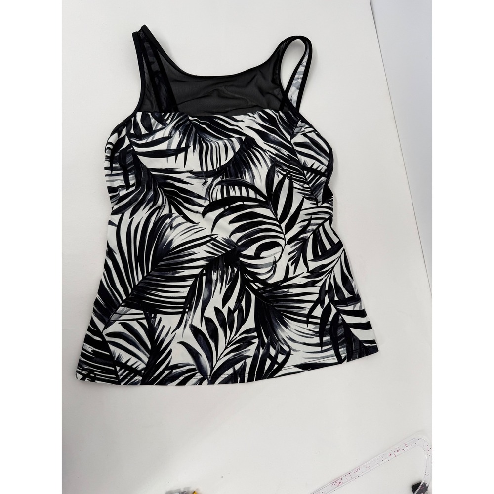 Lauren Ralph‎ Lauren Womens Black White Palm Print Mesh Tankini Top Sz 8